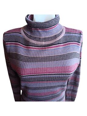 Medium True Vintage Sweater Top Striped Turtleneck Ribbed Knit Womens 70's Boho